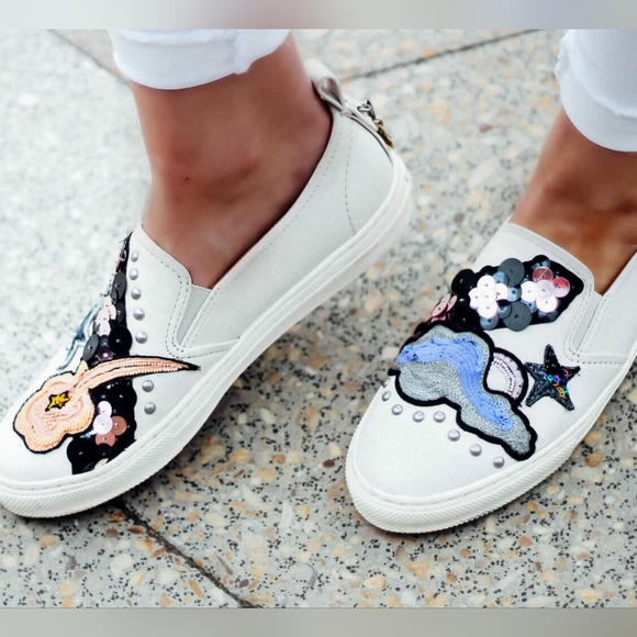 COACH Womens C115 Slip On Sequins and Star Patches Chalk Sneakers - Size 6 B - Picture 1 of 3